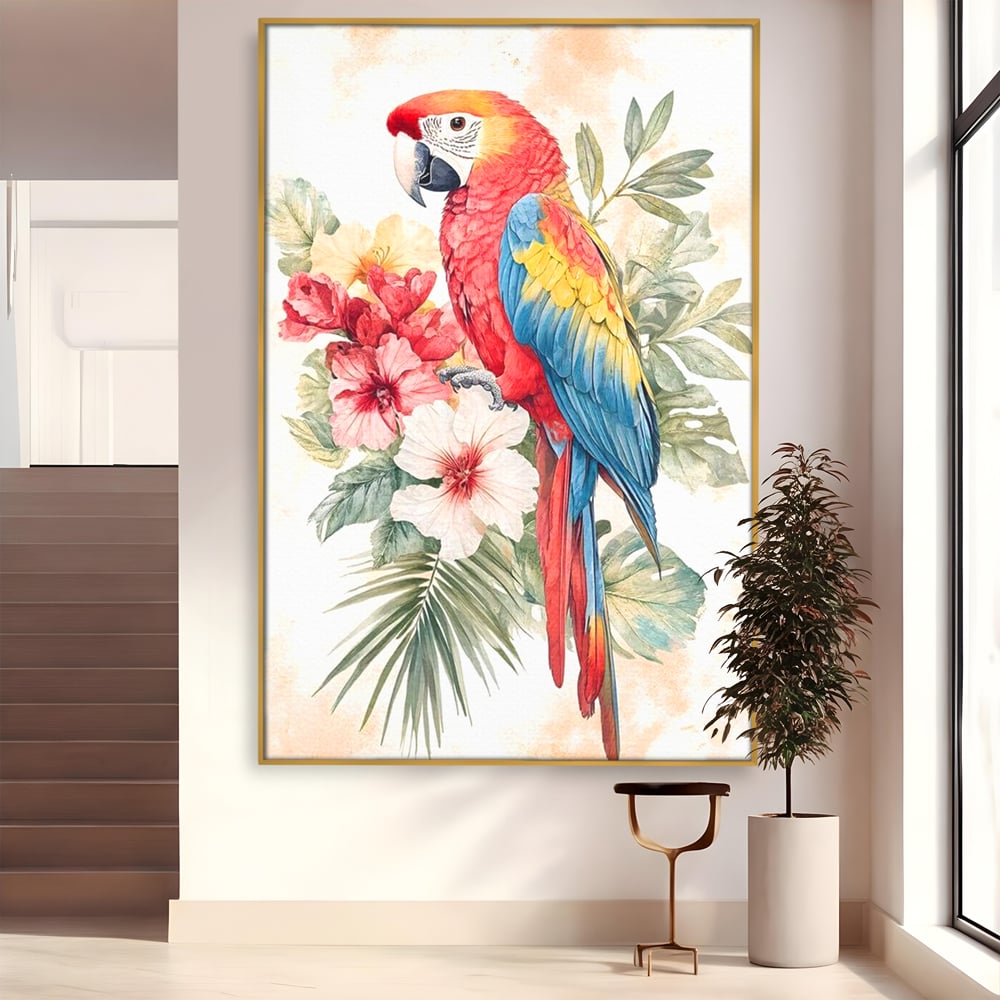 Tablou canvas cu tablou canvas cu papagal multicolor si flori, in rama de aluminiu auriu